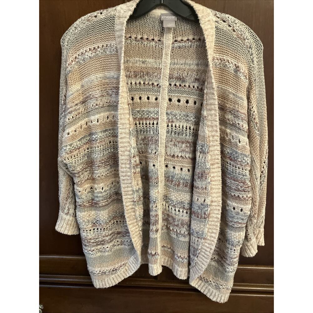 Chico's Striped‎ Mixed-Yarn Cocoon Cardigan Women's Size M Open Front Curved Hem
